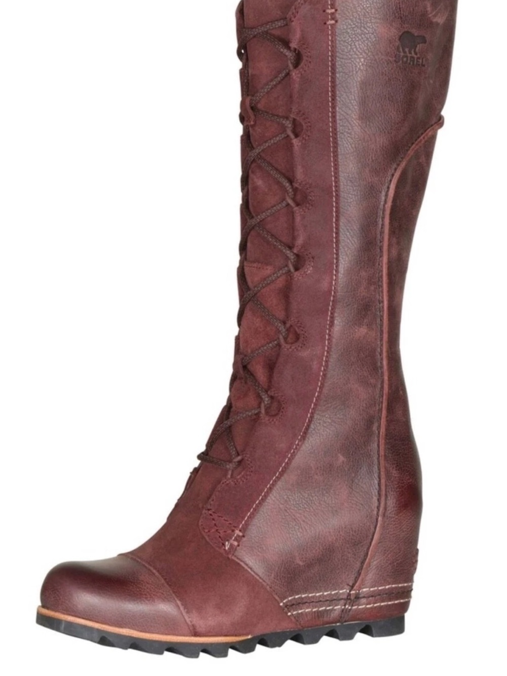 EUC SOREL Cate the Great Wedge Tall Boots Lace Up NL2175-629 Brown burgundy.